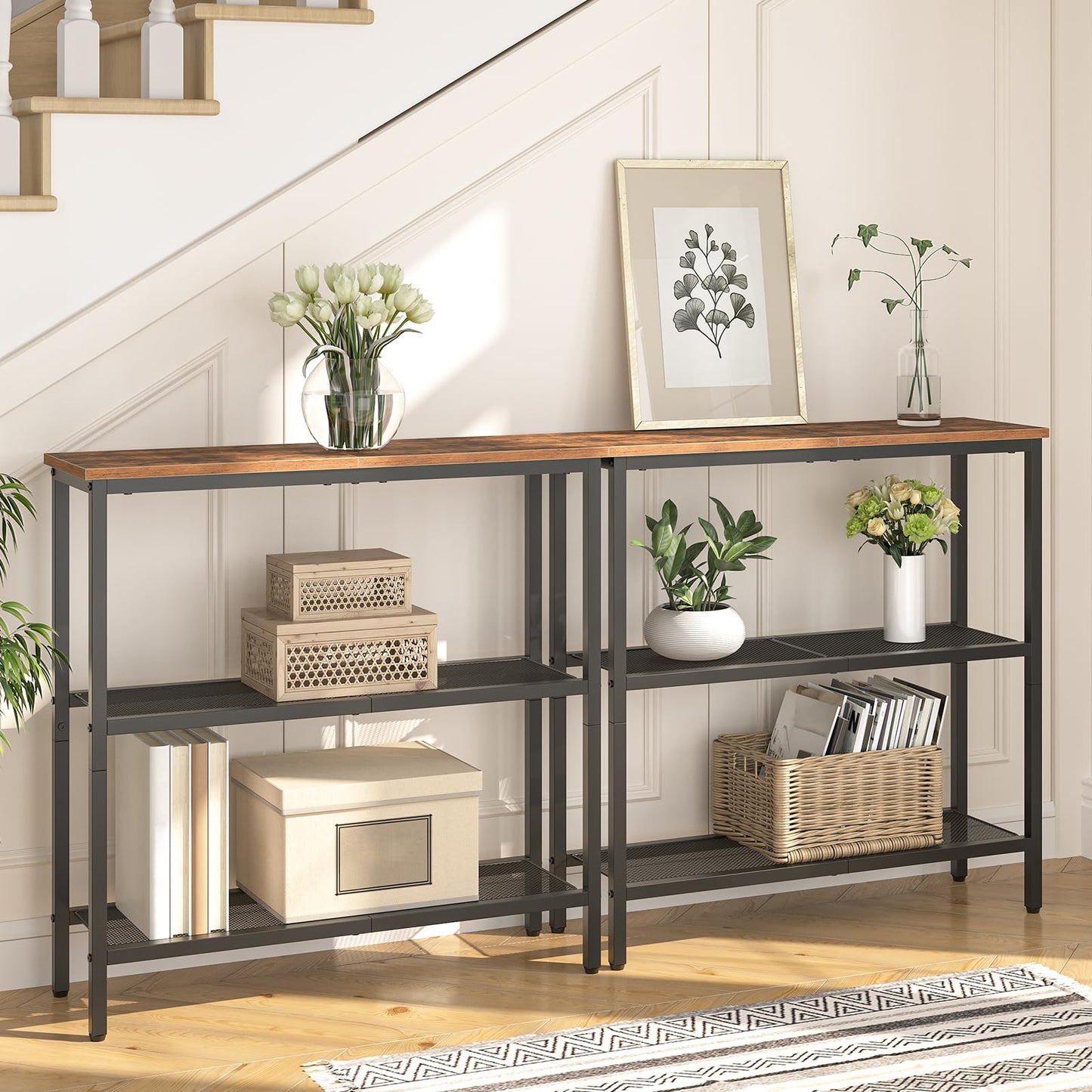 HOOBRO Retro Brown 29.5-inch Three-Tier Narrow Entryway Table