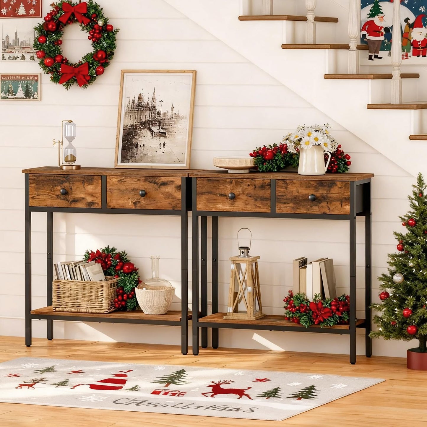 HOOBRO Retro Brown 29.5-inch Narrow Console Table with 2 Fabric Drawers