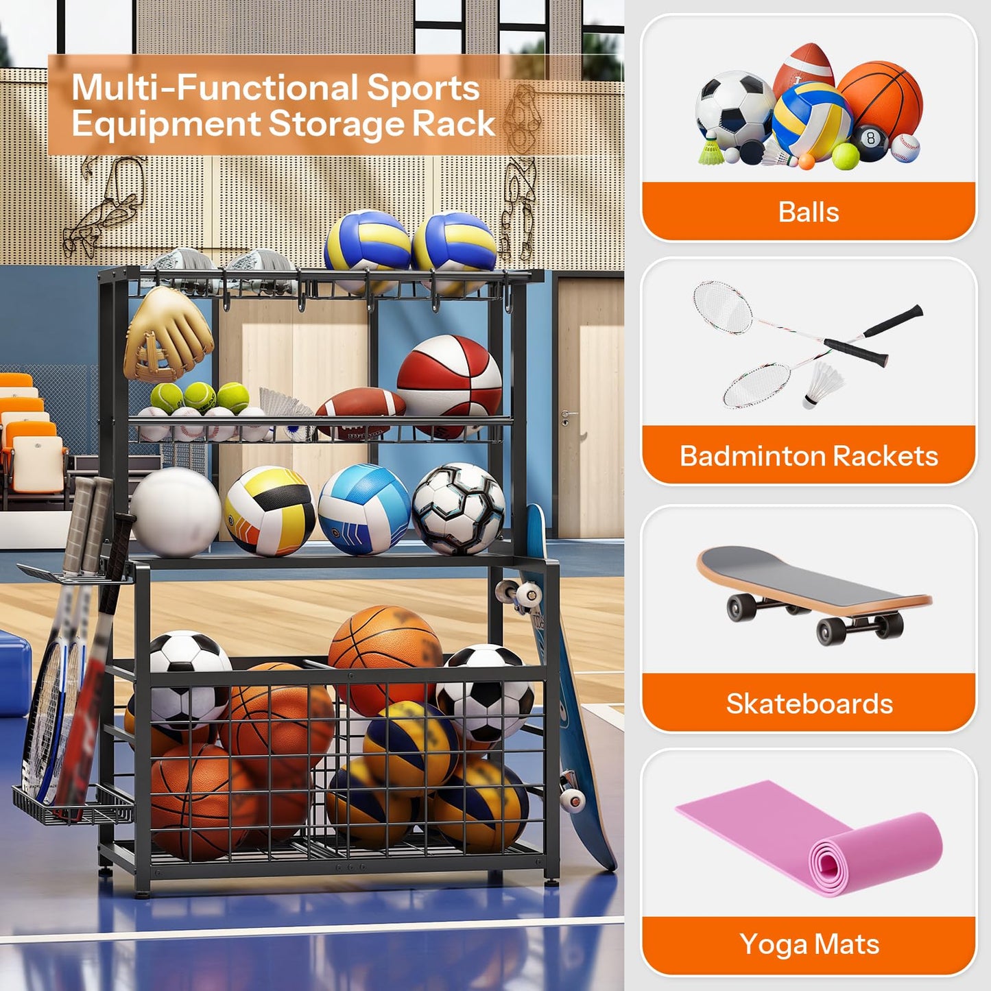 HOOBRO Sports Equipment Organizer & Ball Storage Rack with Hooks & Basket