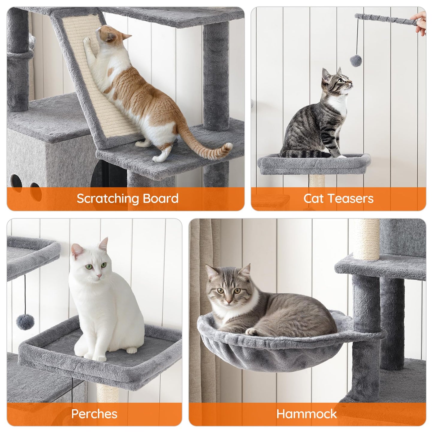 Cat tree with scratching board, cat teases, perches, and hammock features.