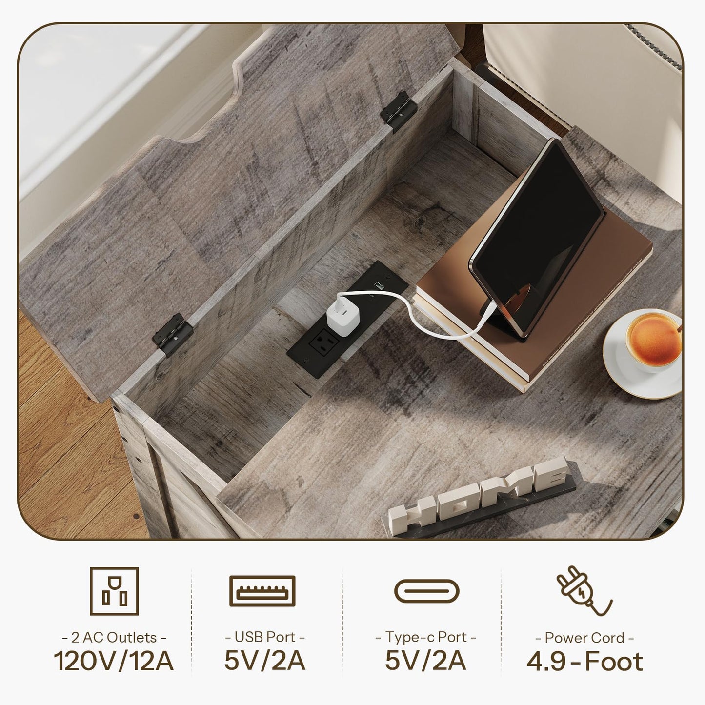 Wooden desk with electronic devices and power outlets, featuring a tablet, keyboard, and power adapter.