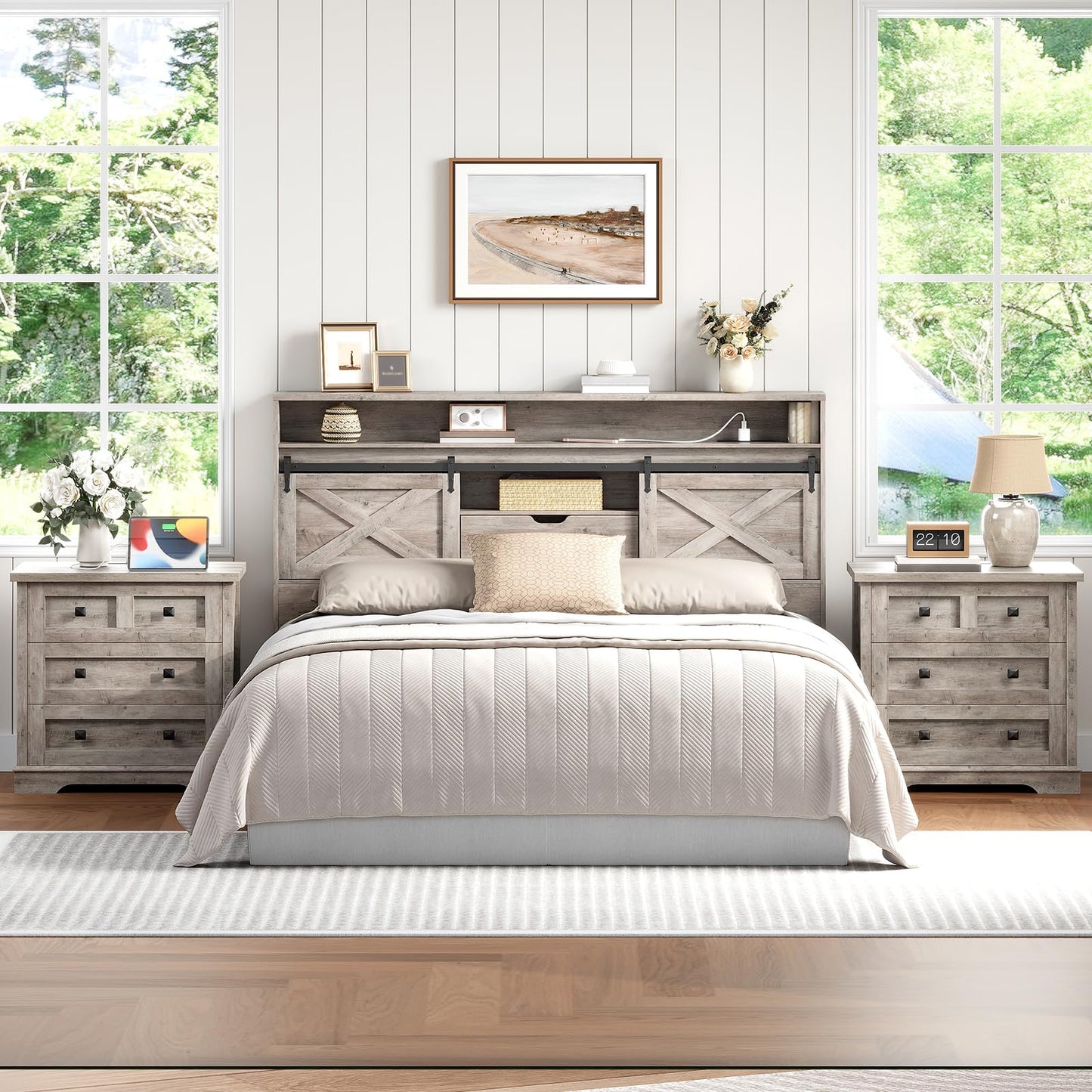 Bedroom with wooden furniture, including a bed, nightstands, and a desk.