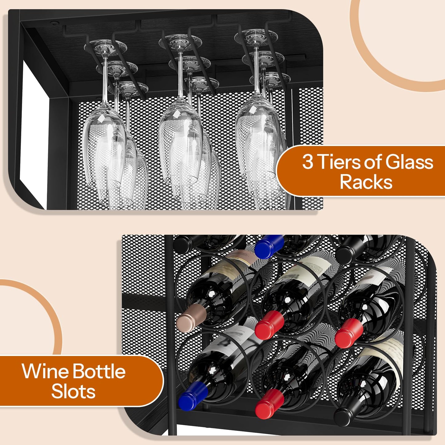 Wine rack with glass holders and bottle slots on a beige background