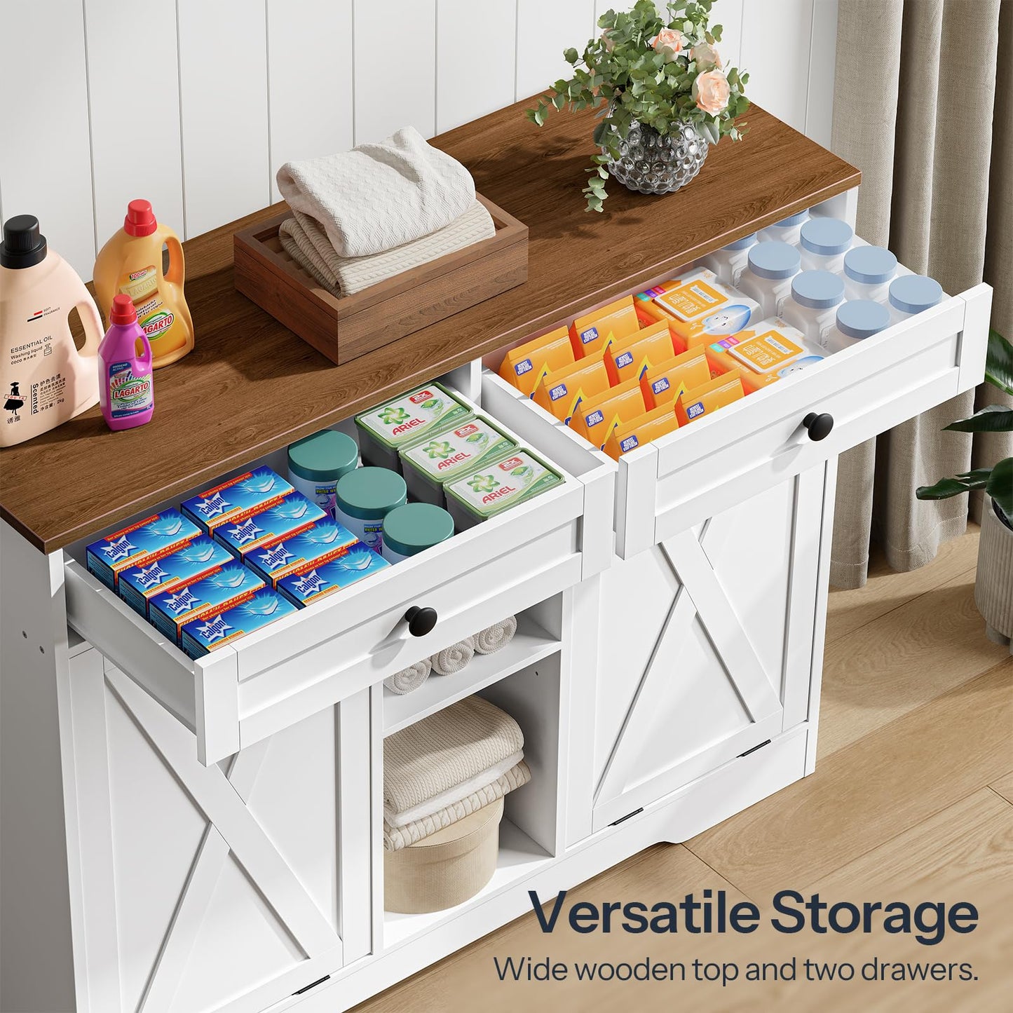White storage cabinet with wooden top and two drawers, used for storing household items.