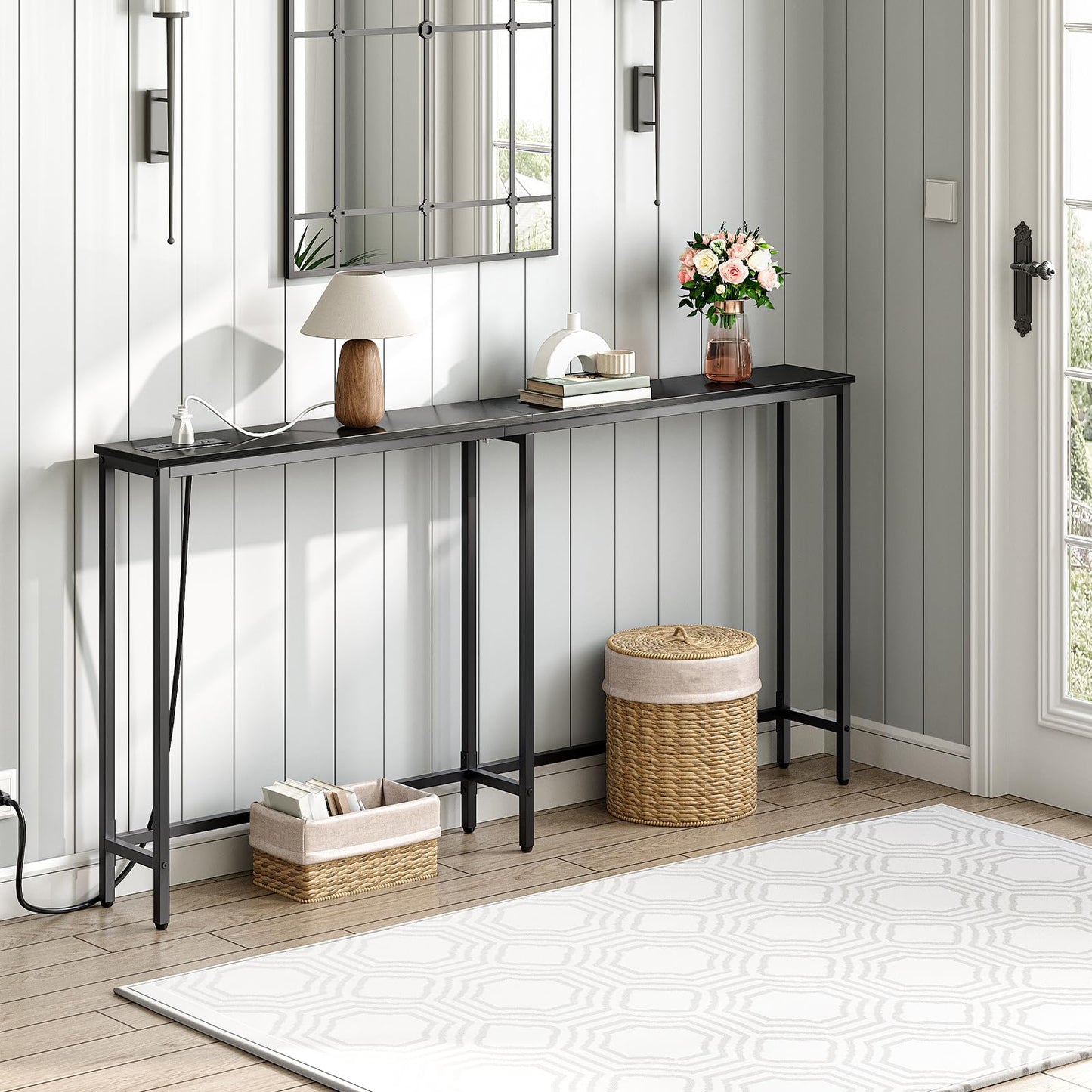 HOOBRO Black 63-inch Narrow Console Table with Charging Station & 2 Power Outlets & USB Port