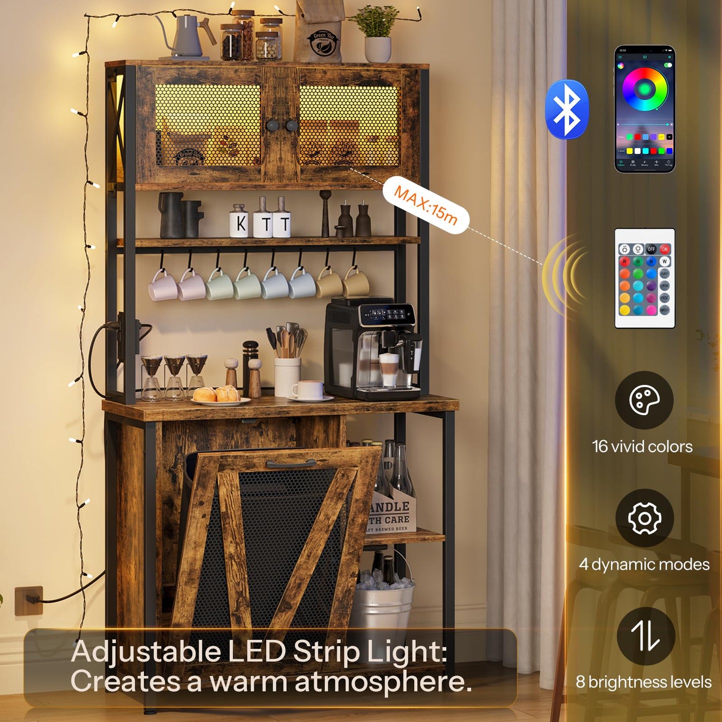 HOOBRO 6-Tier Microwave Baking Rack with Trash Can Cabinet & LED Strip & Outlet