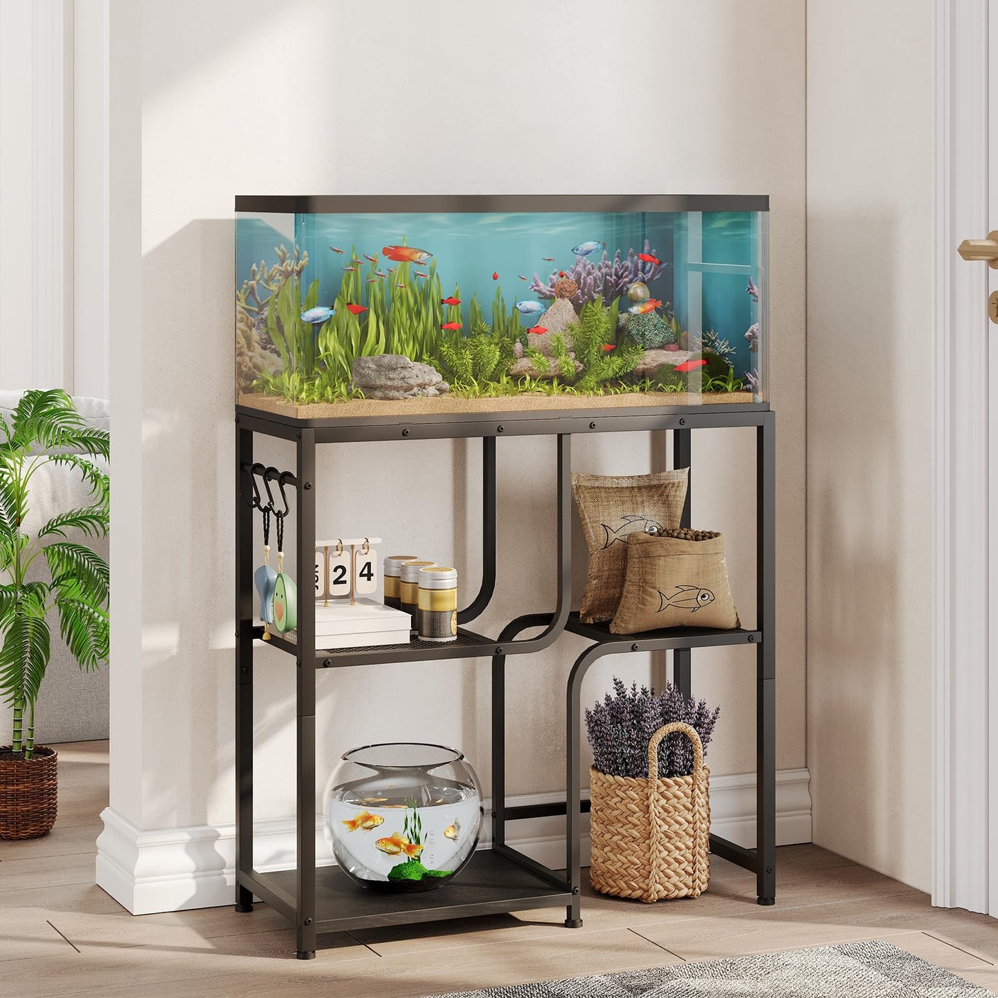 Fish tank with decorative elements on a stand in a room setting