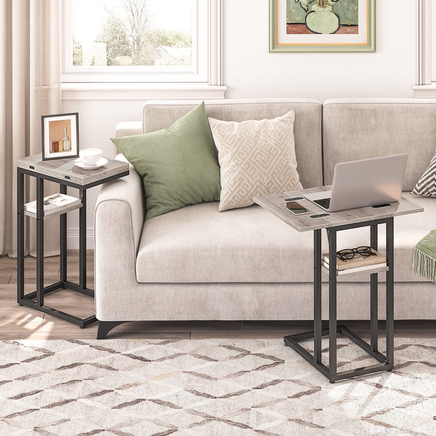 HOOBRO Greige C-Type Folding Side Table with Storage Shelf