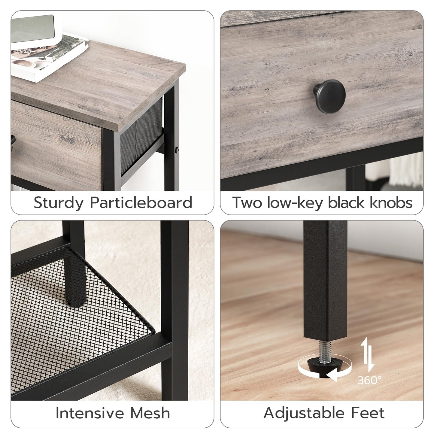 Collage of a wooden desk with features highlighted, including particleboard, knobs, mesh, and adjustable feet.