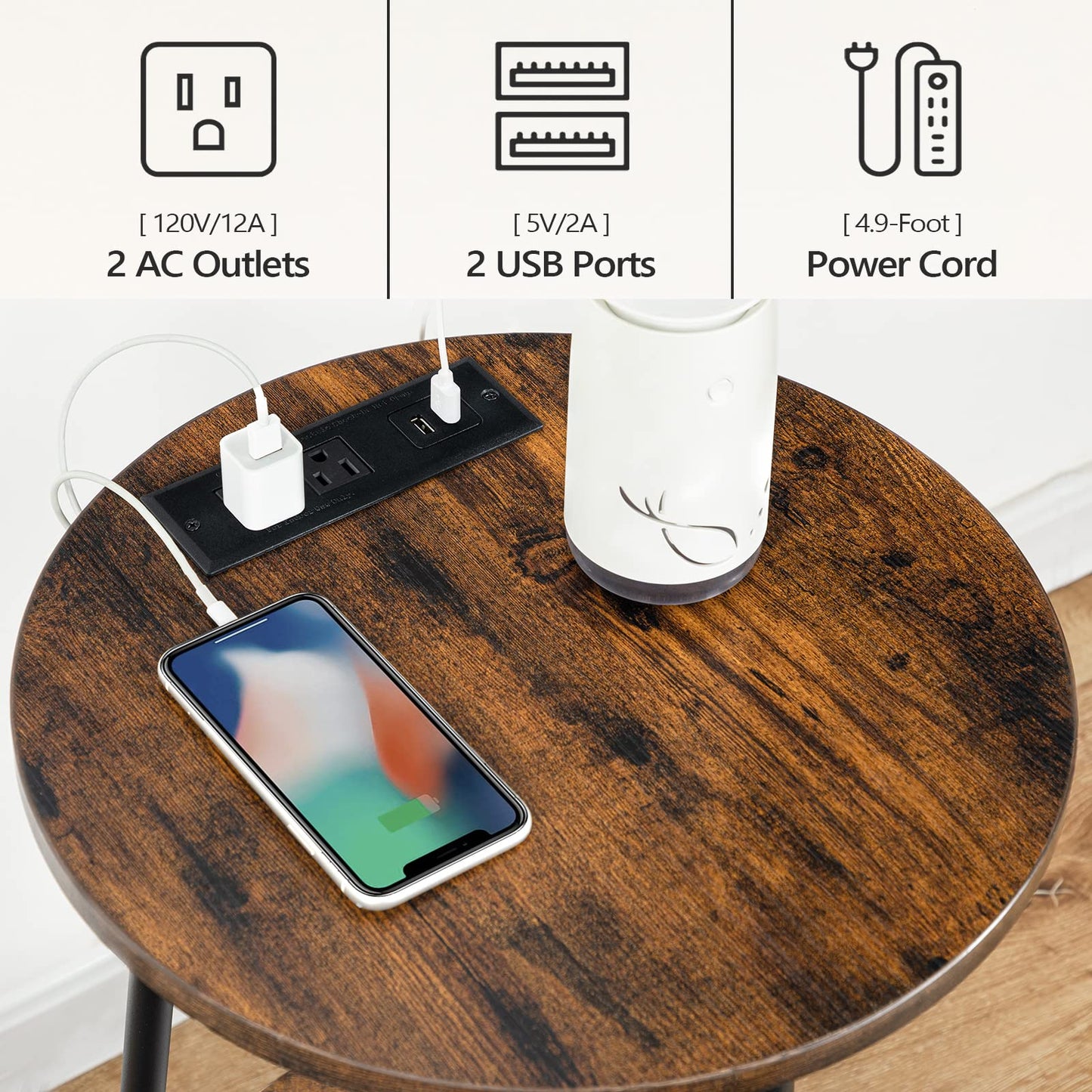 HOOBRO Retro Brown Double-Layer Round Side Table with Charging Station