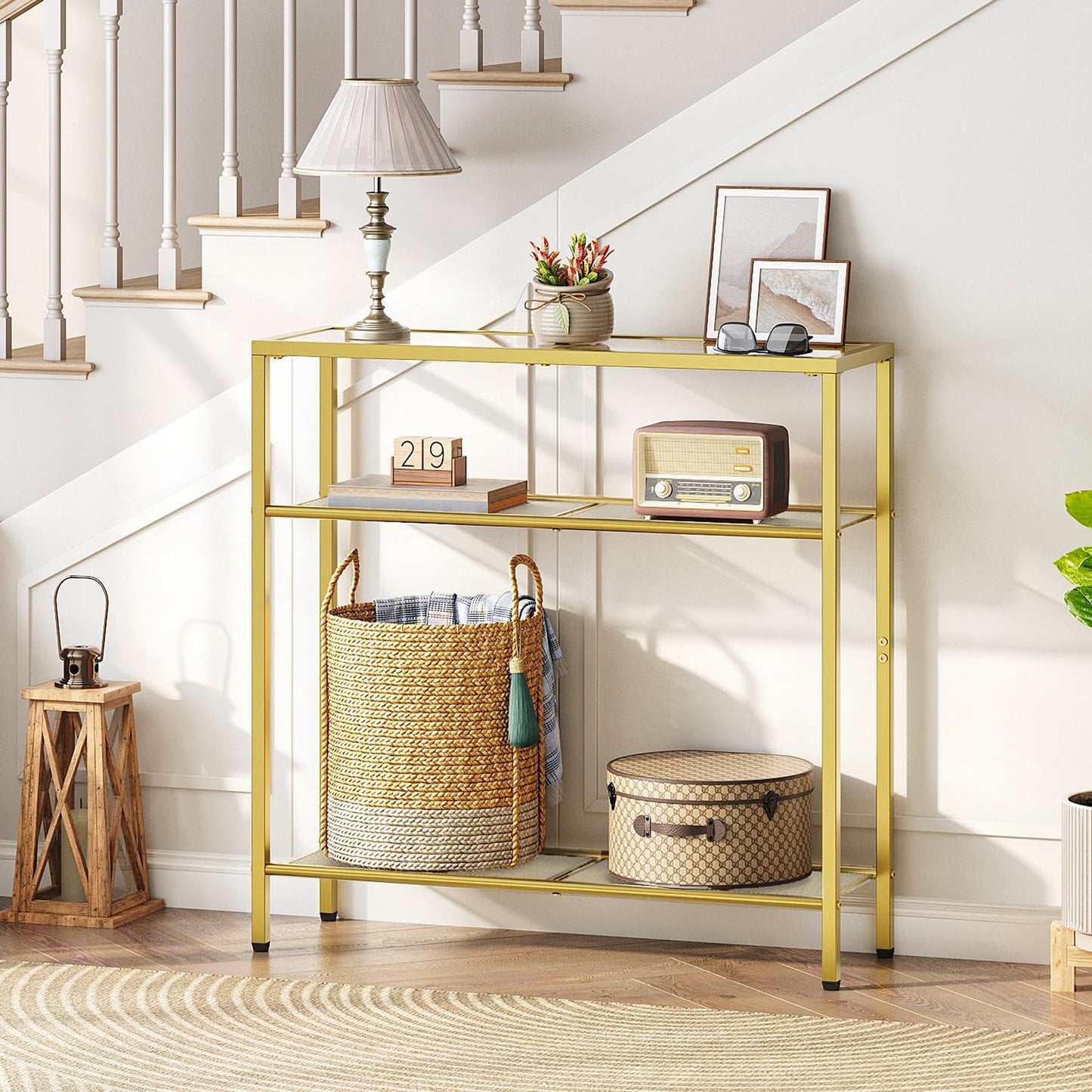 HOOBRO 29.5-inch Gold Triple Tempered Glass Narrow Console Table