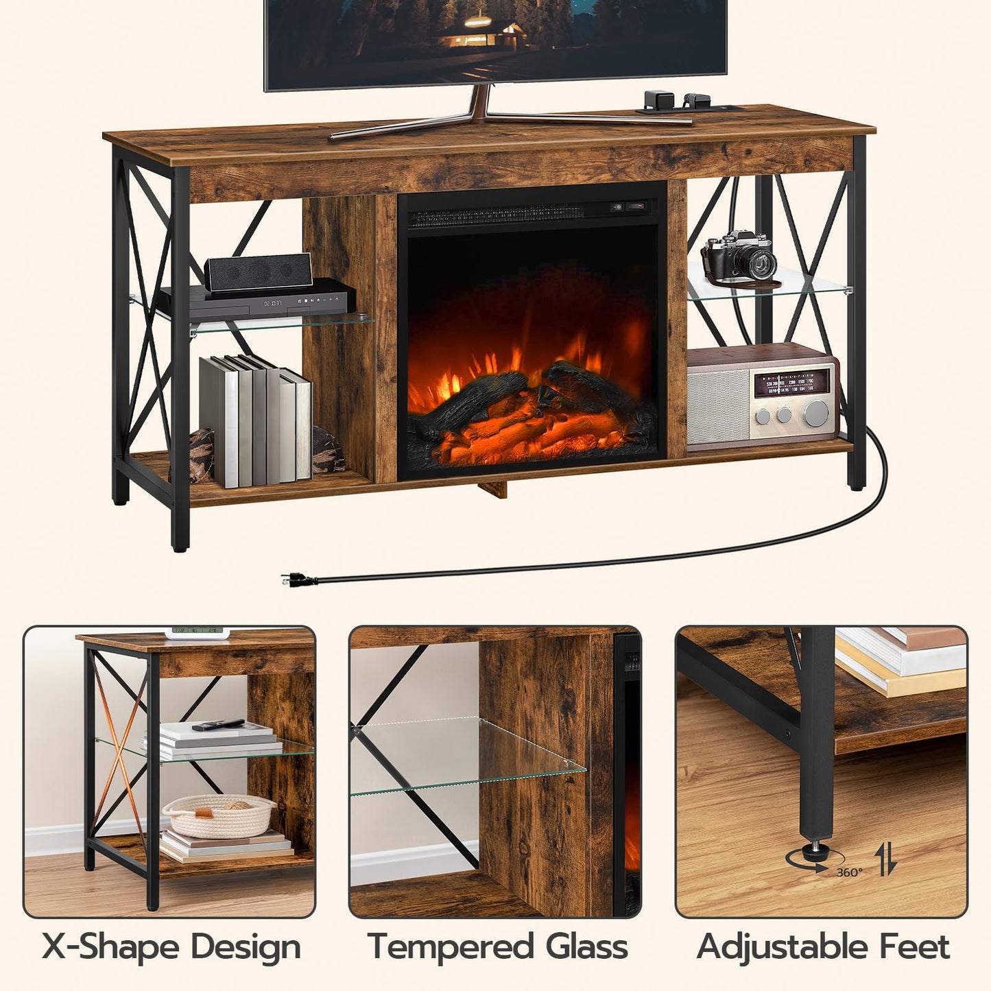 HOOBRO Fireplace TV Stand with Charging Station & LED Lights