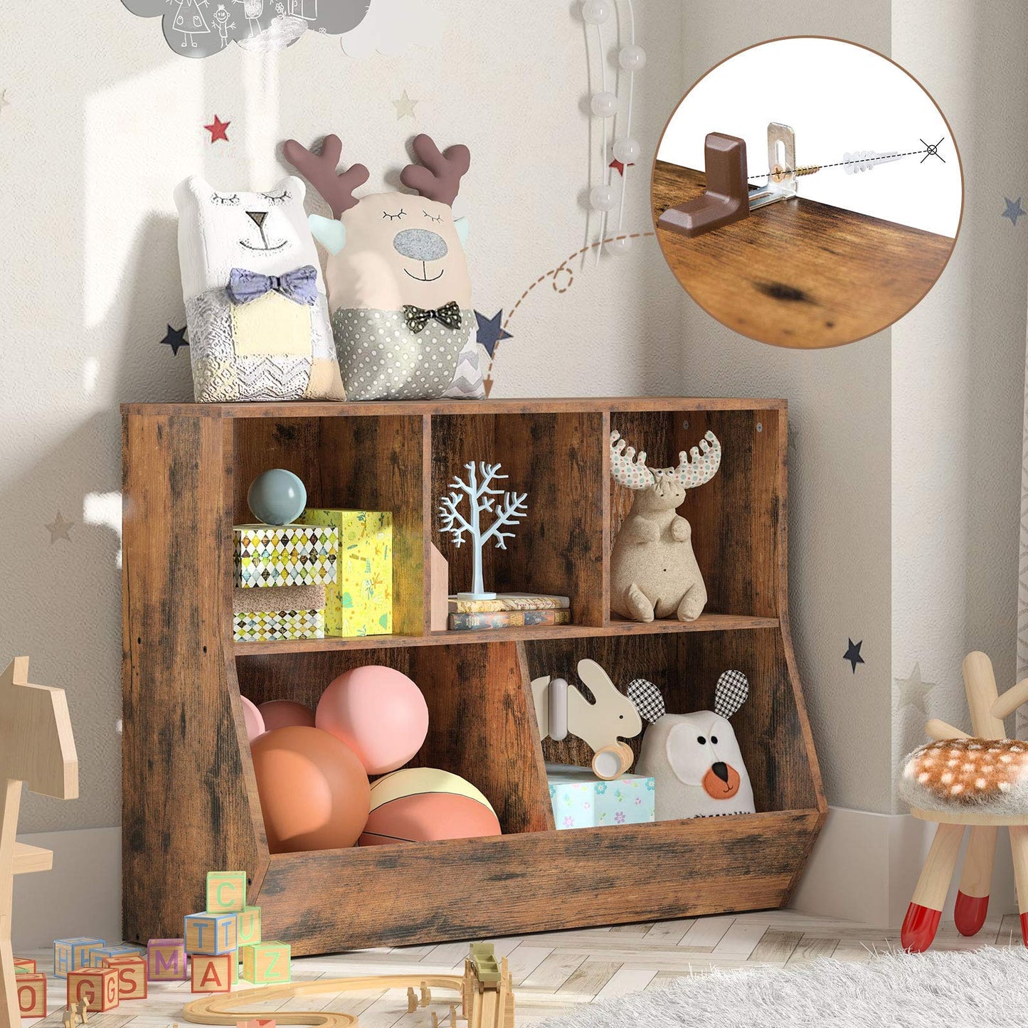 Wooden shelf with toys and decorative items in a child's room