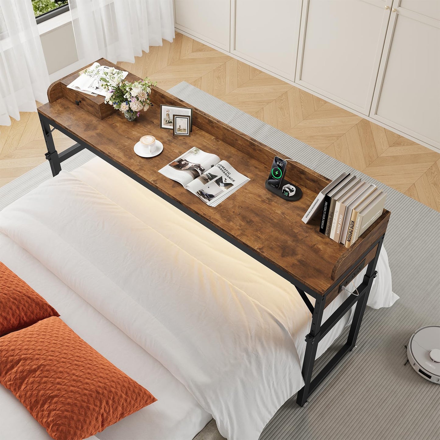 HOOBRO Height-Adjustable Bedside Table & Headboard Set with Wheels & Drawers & Charging Station