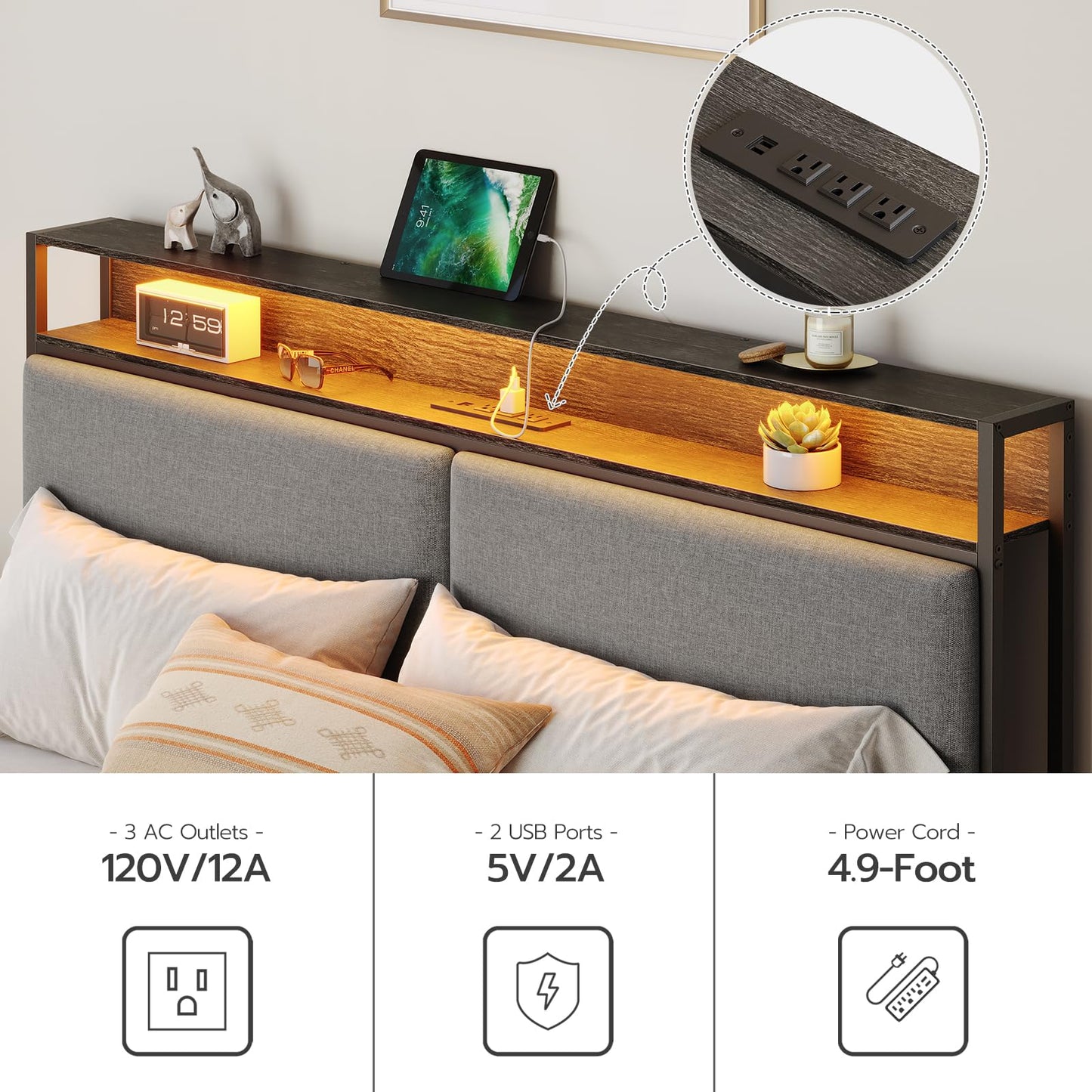 HOOBRO Full Metal Bed Frame with Storage Headboard & LED Lights