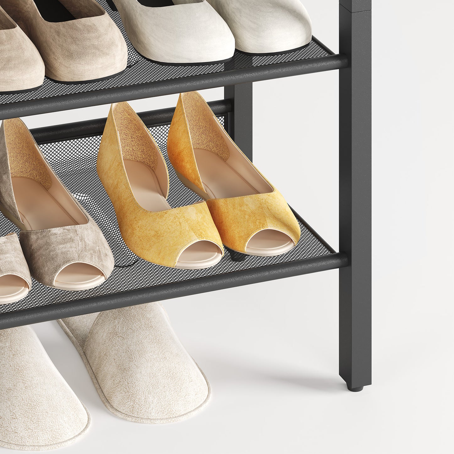 Black shoe rack with yellow and beige shoes on a white background