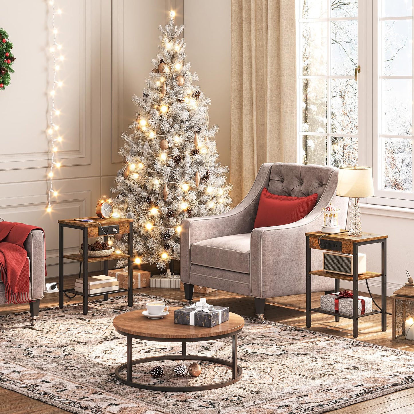 HOOBRO Retro Brown Three-Layer Adjustable Side Table with Charging Station & USB Port