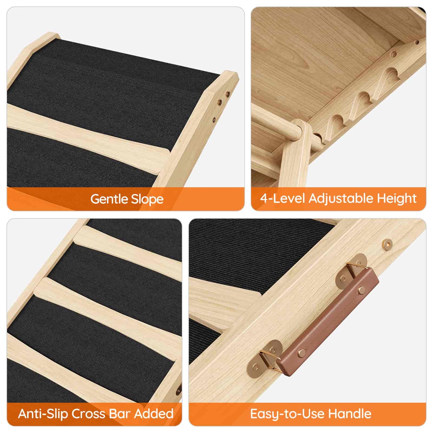 Wooden step stool with black mat, adjustable height, anti-slip cross bar, and easy-to-use handle.