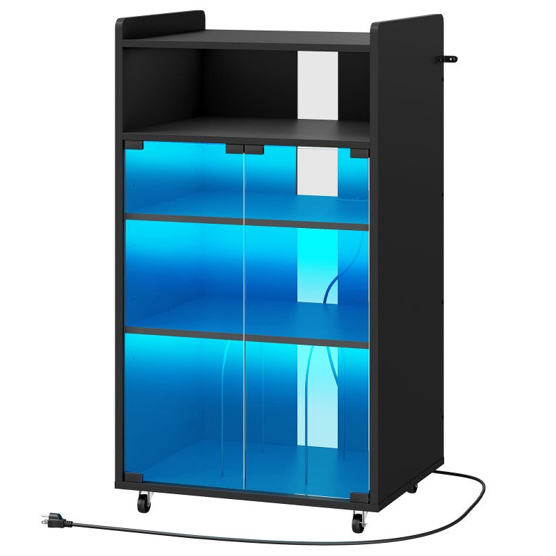 HOOBRO Media Cabinet with Charging Station, 5-Tier AV Media Stand with LED Light, Stereo Cabinet with Glass Door, Adjustable Shelves and Dividers, for Living, Recording Room
