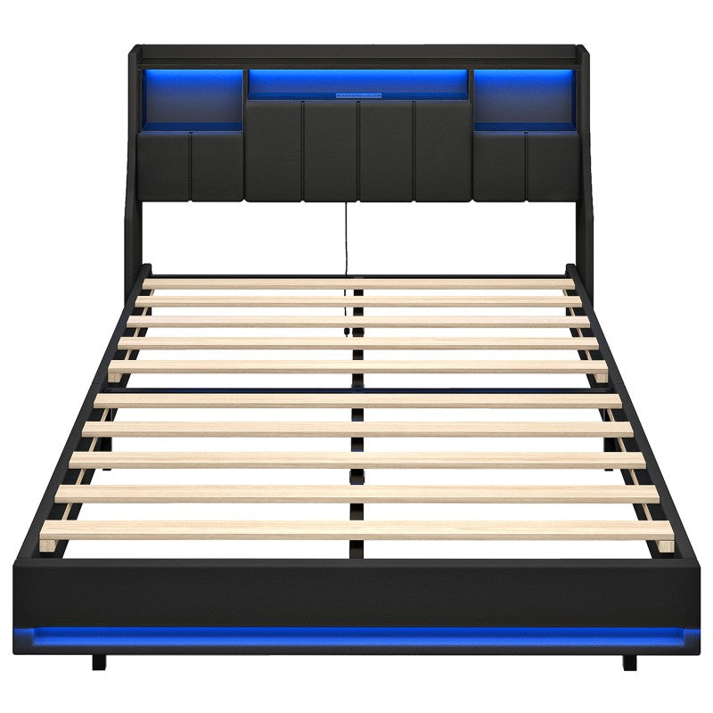 HOOBRO Bed Frame Full/Queen Size, Upholstered Bed Frame with Storage Headboard, LED Bed Frame with Charging Station, Metal Platform Bed and Wooden Slats, No Box Springs Needed