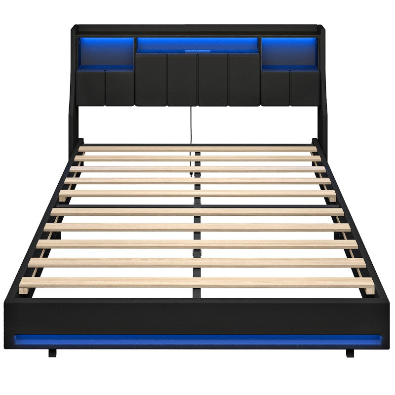 HOOBRO Bed Frame Full/Queen Size, Upholstered Bed Frame with Storage Headboard, LED Bed Frame with Charging Station, Metal Platform Bed and Wooden Slats, No Box Springs Needed