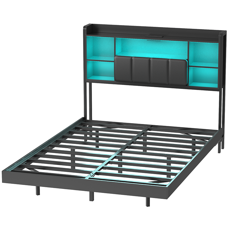 HOOBRO Floating Bed Frame with Storage Headboard and LED Lights, Floating Bed Frame with Charging Station and Upholstered Headboard, Full Metal Platform Bed, No Box Springs Needed