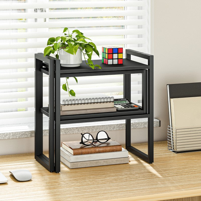 HOOBRO Desk Shelf Organizer, Adjustable Desktop Bookshelf, 2-Tier Shelf for Top of Desk, Wooden Office Storage Rack, for Office, Study, Kitchen, Dorm
