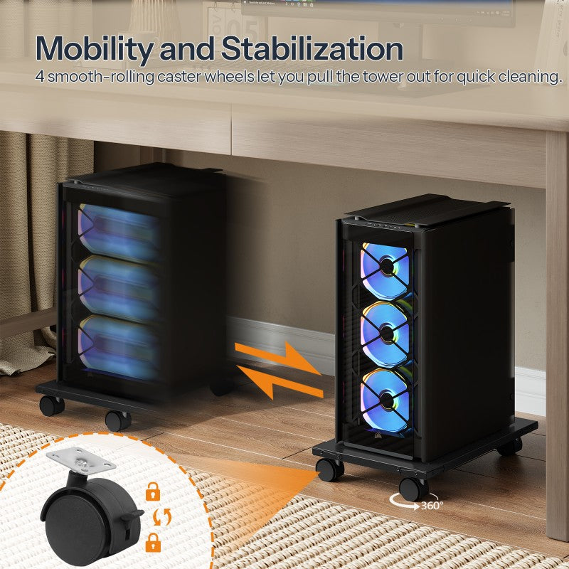 HOOBRO Mobile PC Stand, Ventilated Computer Tower Stand, PC Tower Holder with 4 Caster Wheels, CPU Holder Under Desk Fits Most Computer Host, for Office, Gamers
