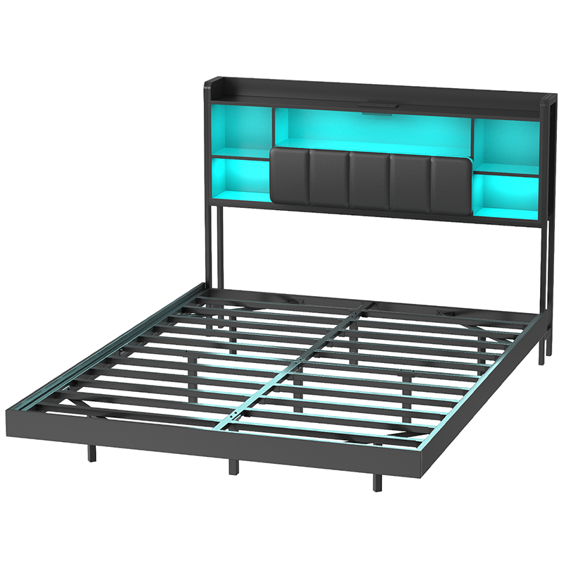 HOOBRO Floating Bed Frame with Storage Headboard and LED Lights, Floating Bed Frame with Charging Station and Upholstered Headboard, Full Metal Platform Bed, No Box Springs Needed