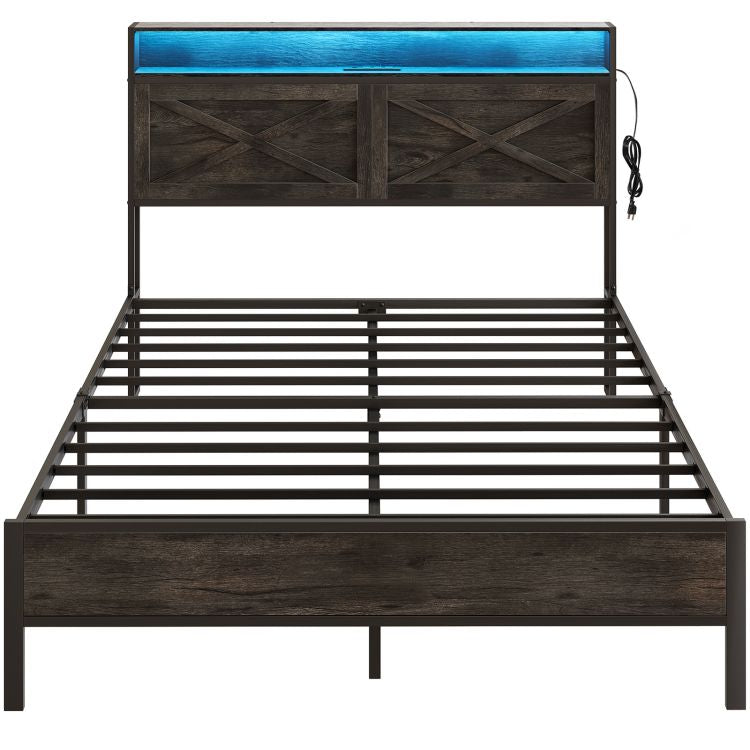 HOOBRO Full Size Bed Frame with Charging Station and LED Lights Noise-Free No Box Springs Needed
