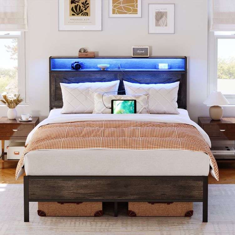 HOOBRO Full Size Bed Frame with Charging Station and LED Lights Noise-Free No Box Springs Needed