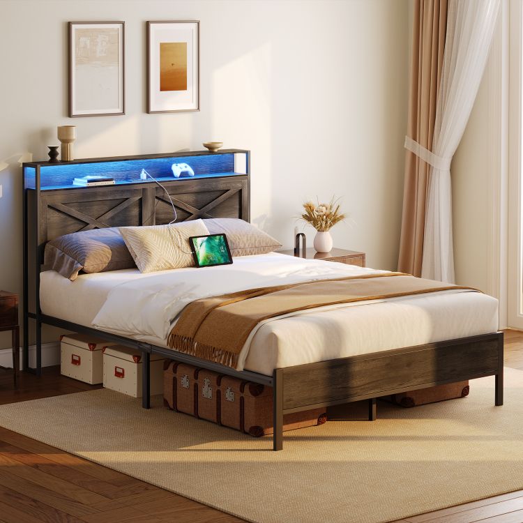 HOOBRO Full Size Bed Frame with Charging Station and LED Lights Noise-Free No Box Springs Needed