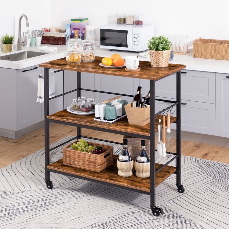 HOOBRO Kitchen Island with Storage,Industrial Kitchen Counter with Hooks and Side Enclosures, 3 Tier Kitchen Cart with Large Workstation, Saving Space, Easy Assembly