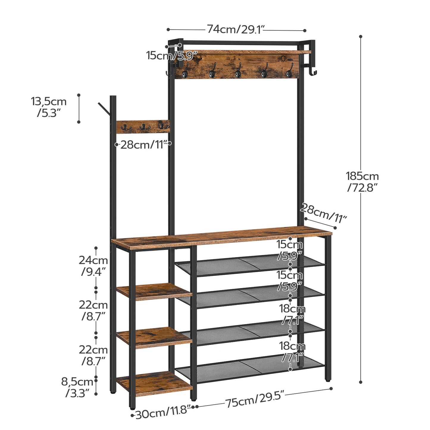 HOOBRO Hall Tree with Bench and Shoe Storage, Entryway Bench with Coat Rack, Shoe and Coat Rack for Entryway, Coat Rack with Shoe Storage and Reversible Storage Shelves