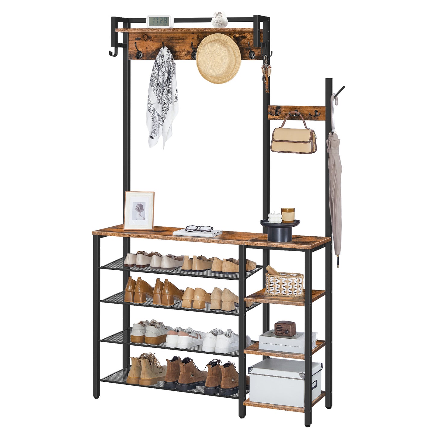 HOOBRO Hall Tree with Bench and Shoe Storage, Entryway Bench with Coat Rack, Shoe and Coat Rack for Entryway, Coat Rack with Shoe Storage and Reversible Storage Shelves