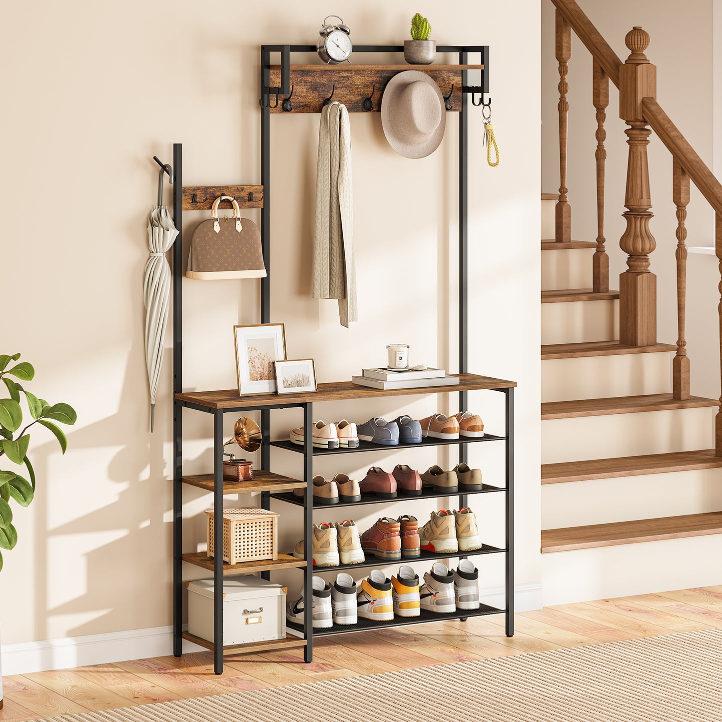 HOOBRO Hall Tree with Bench and Shoe Storage, Entryway Bench with Coat Rack, Shoe and Coat Rack for Entryway, Coat Rack with Shoe Storage and Reversible Storage Shelves