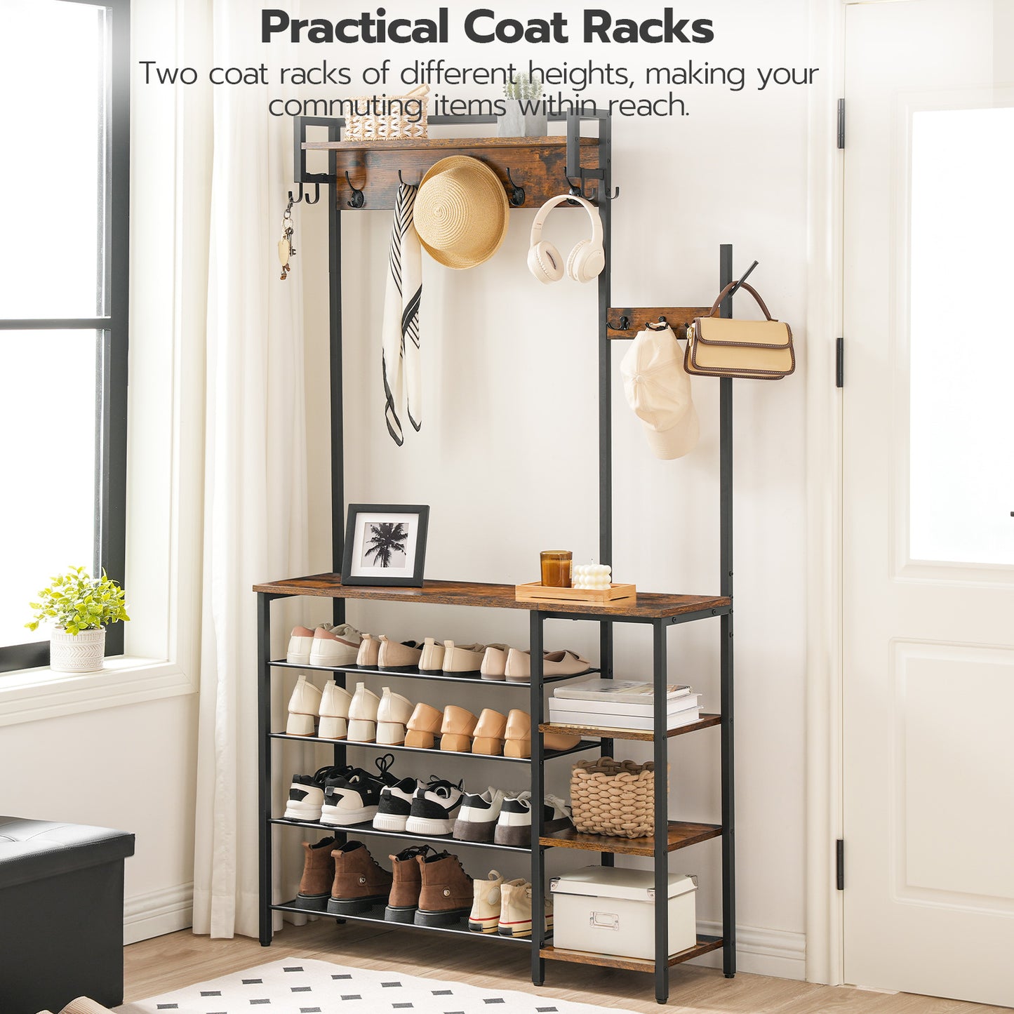 HOOBRO Hall Tree with Bench and Shoe Storage, Entryway Bench with Coat Rack, Shoe and Coat Rack for Entryway, Coat Rack with Shoe Storage and Reversible Storage Shelves