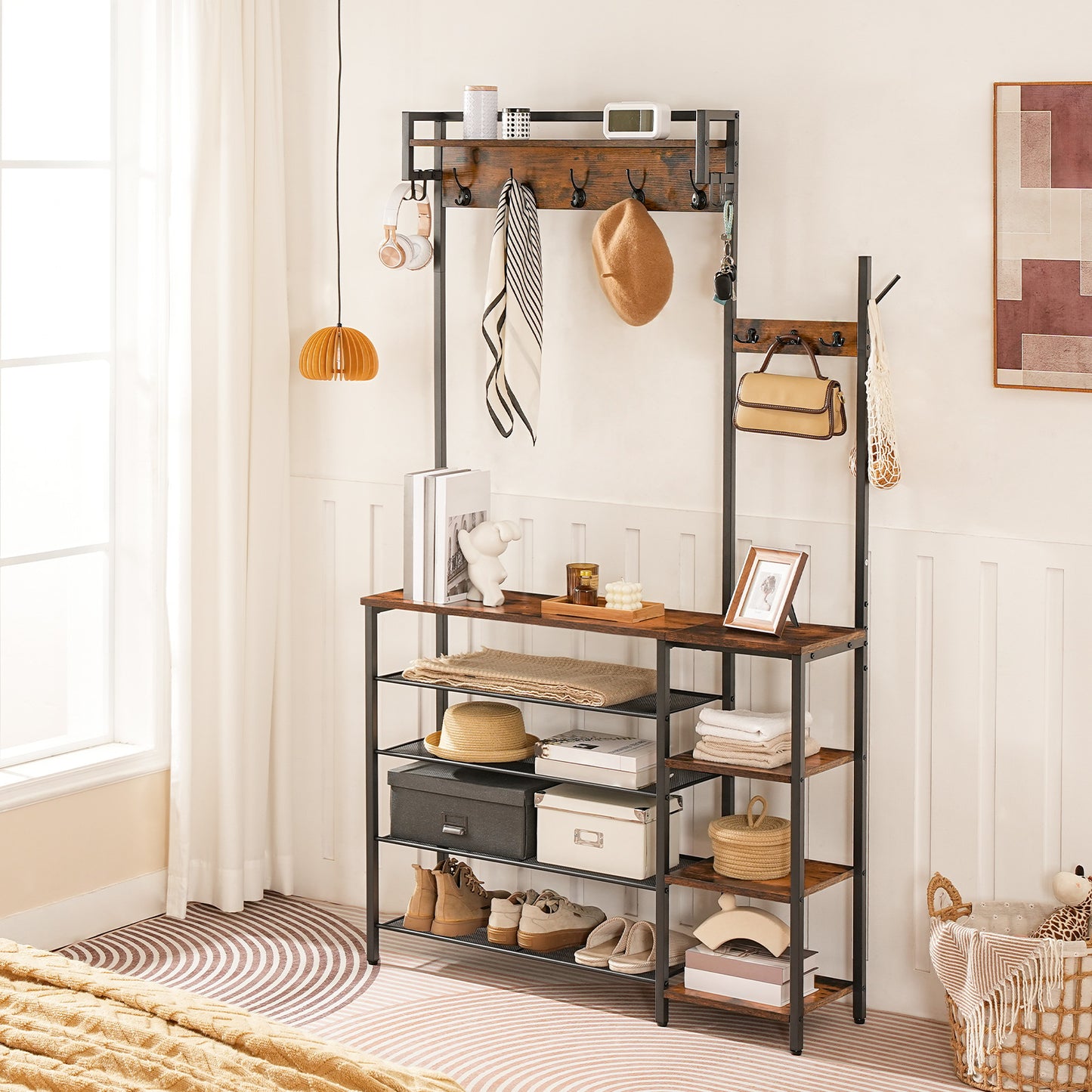 HOOBRO Hall Tree with Bench and Shoe Storage, Entryway Bench with Coat Rack, Shoe and Coat Rack for Entryway, Coat Rack with Shoe Storage and Reversible Storage Shelves