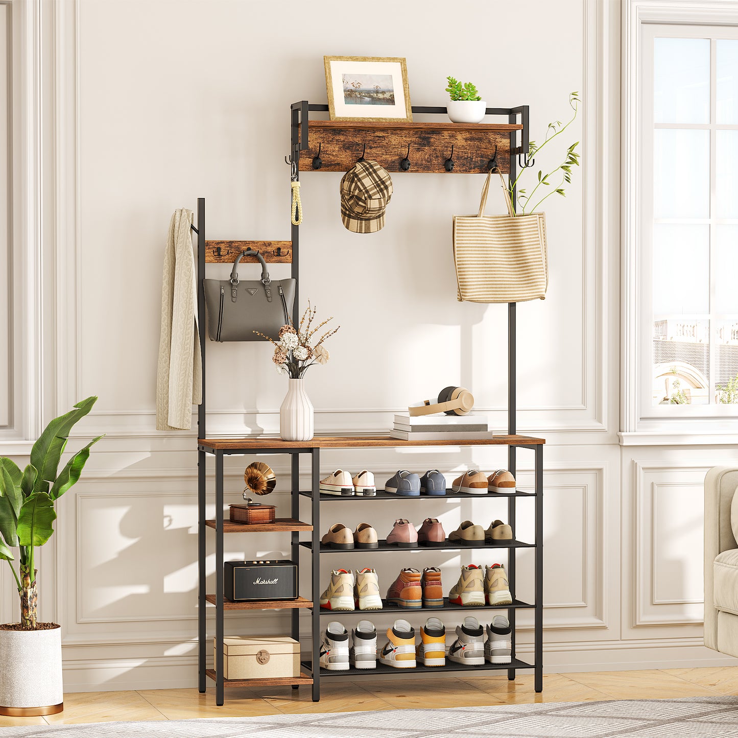 HOOBRO Hall Tree with Bench and Shoe Storage, Entryway Bench with Coat Rack, Shoe and Coat Rack for Entryway, Coat Rack with Shoe Storage and Reversible Storage Shelves