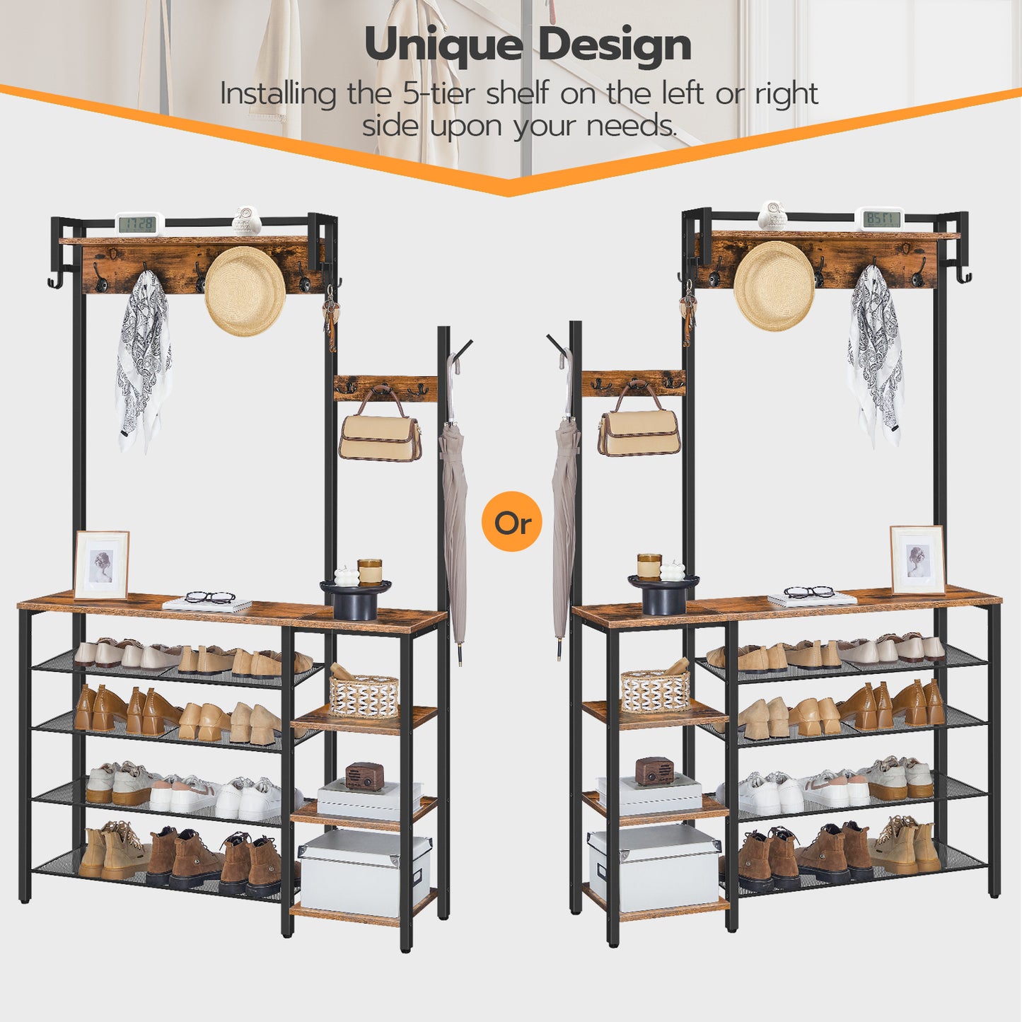 HOOBRO Hall Tree with Bench and Shoe Storage, Entryway Bench with Coat Rack, Shoe and Coat Rack for Entryway, Coat Rack with Shoe Storage and Reversible Storage Shelves