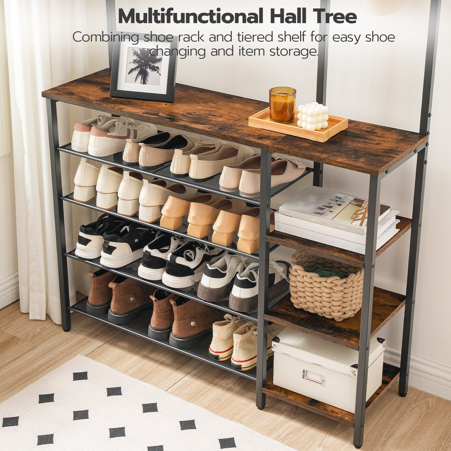 HOOBRO Hall Tree with Bench and Shoe Storage, Entryway Bench with Coat Rack, Shoe and Coat Rack for Entryway, Coat Rack with Shoe Storage and Reversible Storage Shelves