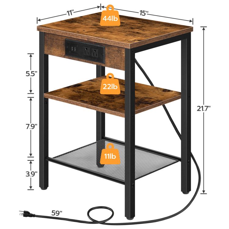 HOOBRO End Table with Charging Station and USB Ports, 3-Tier Nightstand with Adjustable Shelf, Narrow Side Table for Small Space in Living Room