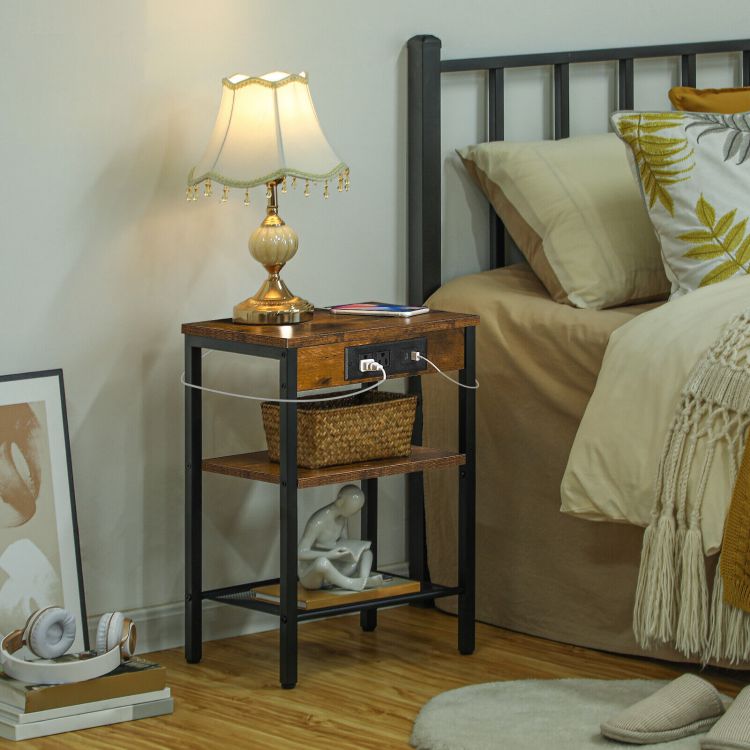 HOOBRO End Table with Charging Station and USB Ports, 3-Tier Nightstand with Adjustable Shelf, Narrow Side Table for Small Space in Living Room