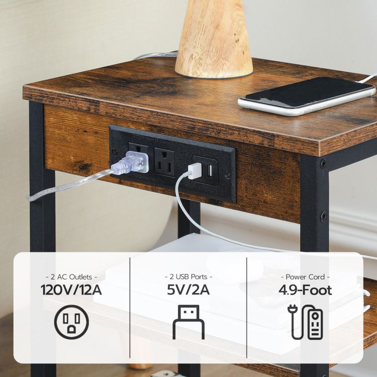 HOOBRO End Table with Charging Station and USB Ports, 3-Tier Nightstand with Adjustable Shelf, Narrow Side Table for Small Space in Living Room