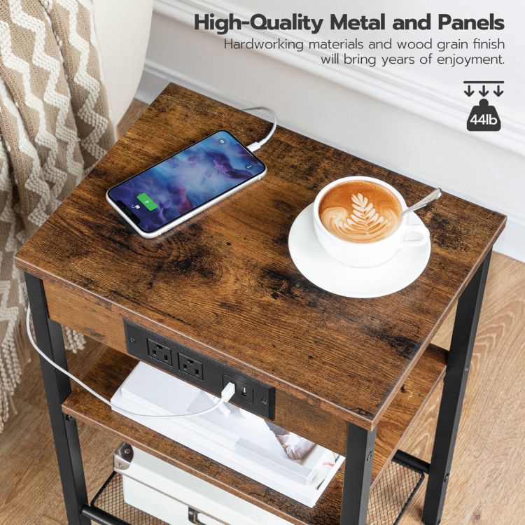 HOOBRO End Table with Charging Station and USB Ports, 3-Tier Nightstand with Adjustable Shelf, Narrow Side Table for Small Space in Living Room