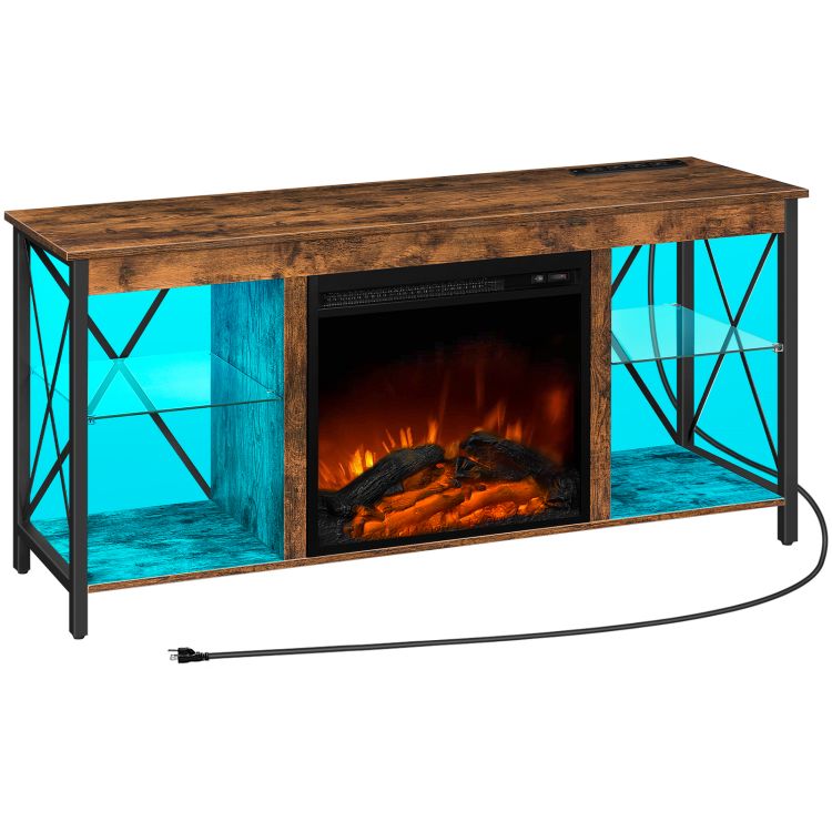 HOOBRO Fireplace TV Stand with Led Lights and Power Outlets, Wooden Media Entertainment Center Console Table with Glass Shelves, Fireplace TV Console for TVs up to 55"