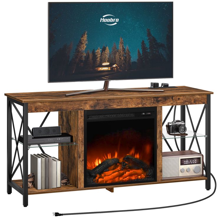 HOOBRO Fireplace TV Stand with Led Lights and Power Outlets, Wooden Media Entertainment Center Console Table with Glass Shelves, Fireplace TV Console for TVs up to 55"