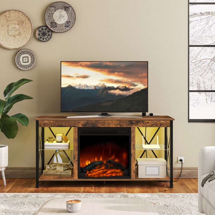 HOOBRO Fireplace TV Stand with Led Lights and Power Outlets, Wooden Media Entertainment Center Console Table with Glass Shelves, Fireplace TV Console for TVs up to 55"