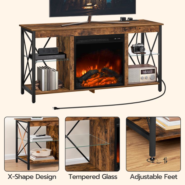 HOOBRO Fireplace TV Stand with Led Lights and Power Outlets, Wooden Media Entertainment Center Console Table with Glass Shelves, Fireplace TV Console for TVs up to 55"