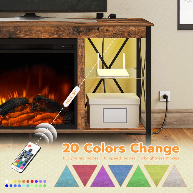 HOOBRO Fireplace TV Stand with Led Lights and Power Outlets, Wooden Media Entertainment Center Console Table with Glass Shelves, Fireplace TV Console for TVs up to 55"